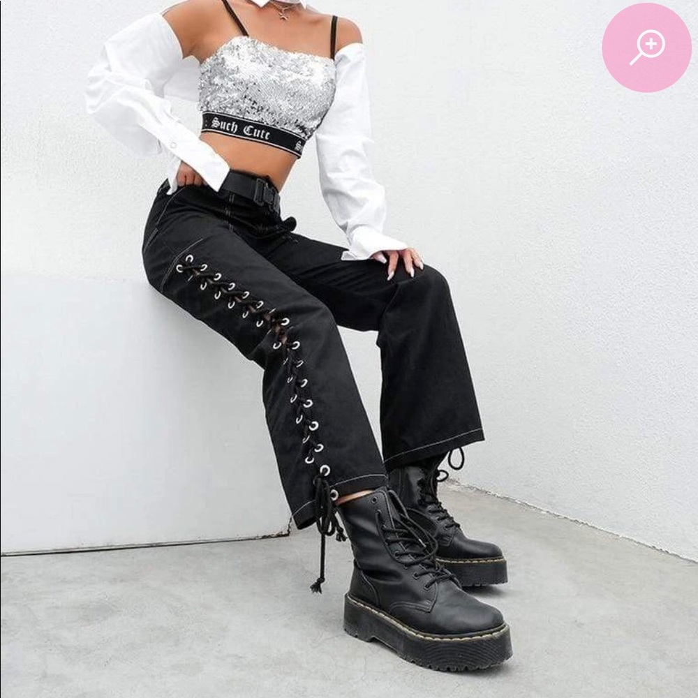 Black flared eyelet pants size xs
